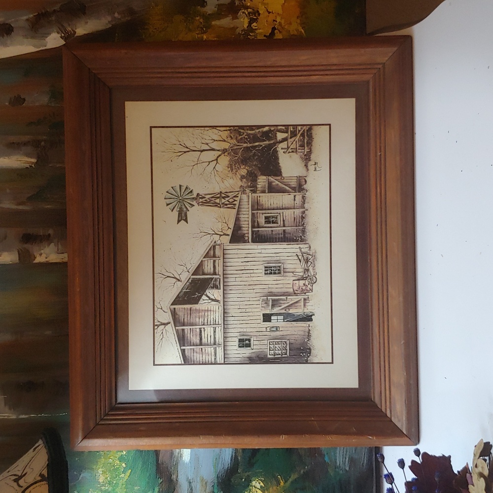Vtg Robert Nidy Signed Print w/ Wood Frame, Barn, Windmill